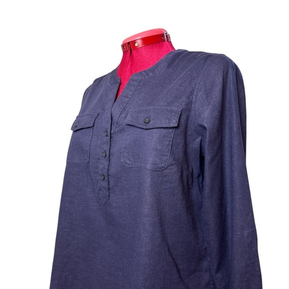 NWOT Tahari navy linen blend long sleeve pullover tunic front button placket - Picture 2 of 11